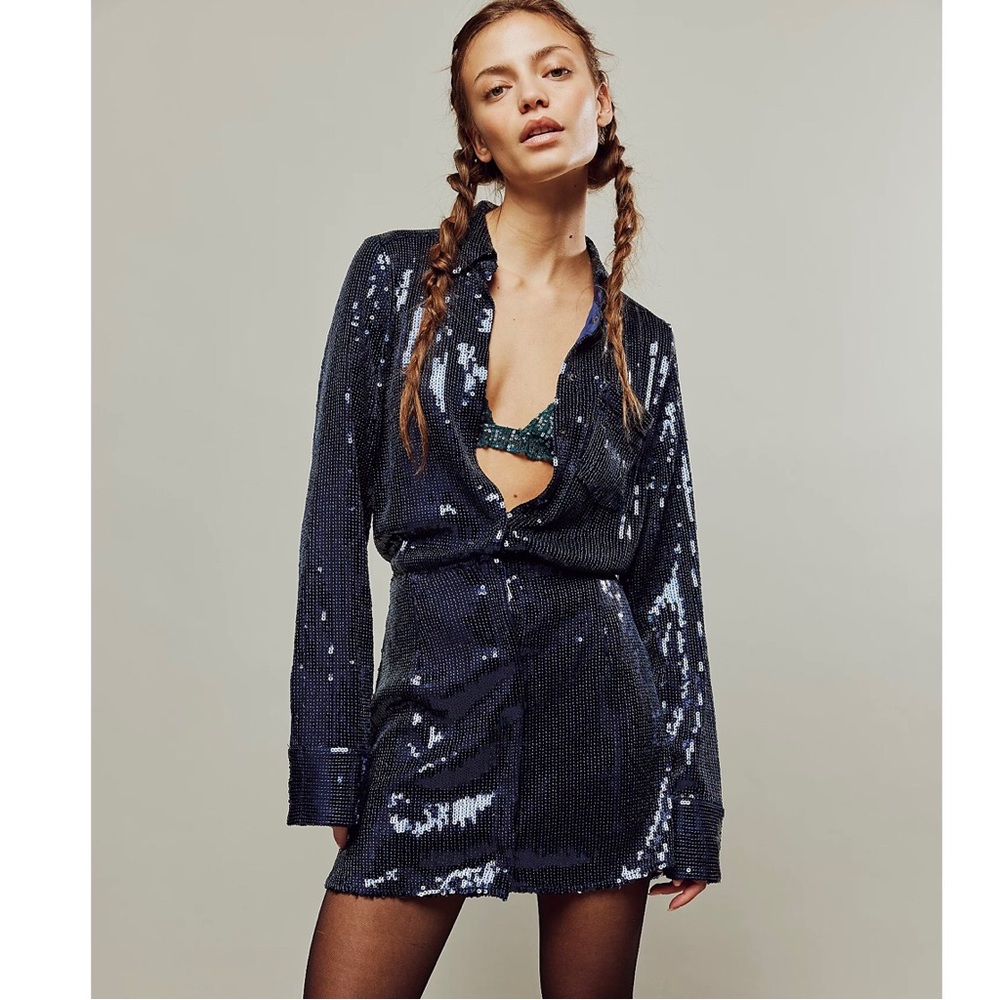 Free People Sophie Sequin Mini Dress Sz Small NWT Navy